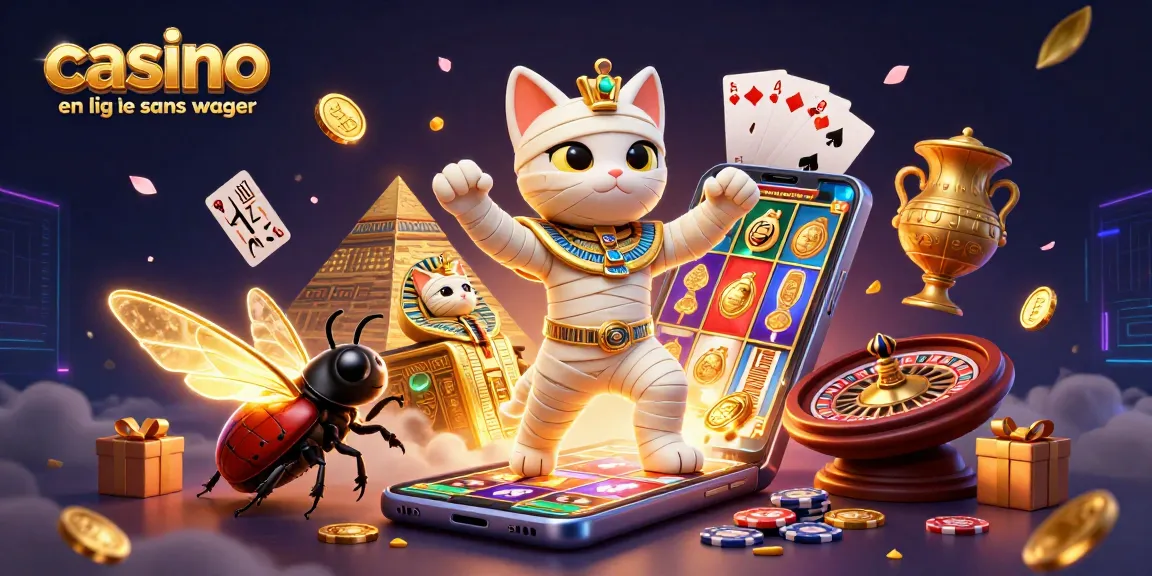 Une illustration 3D colorée représentant un chat momie égyptien dans un casino, offrant une expérience de casino en ligne sans wager.