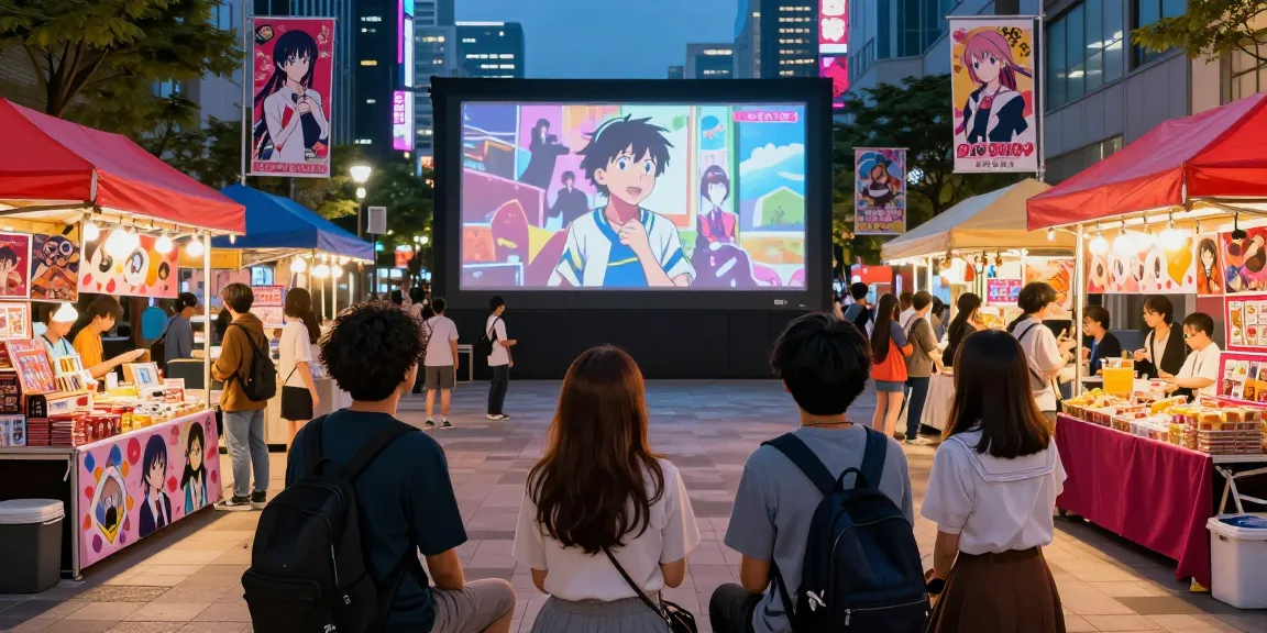 Friends enjoying anime outdoors while surrounded by vibrant stalls and city lights, celebrating Anime Sub culture.