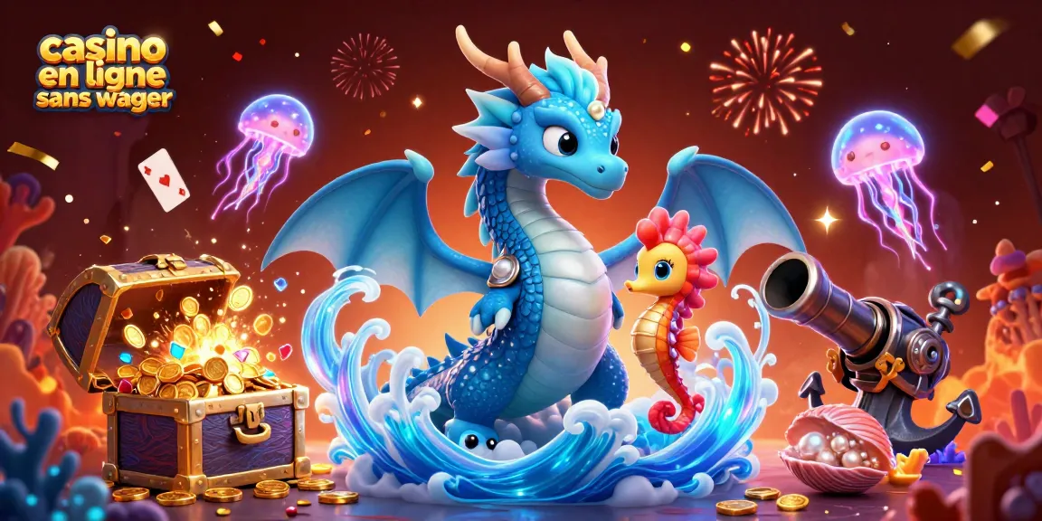 Gagnez des jeux au casino en ligne sans wager avec un dragon aquatique majestueux et des trésors sous-marins.