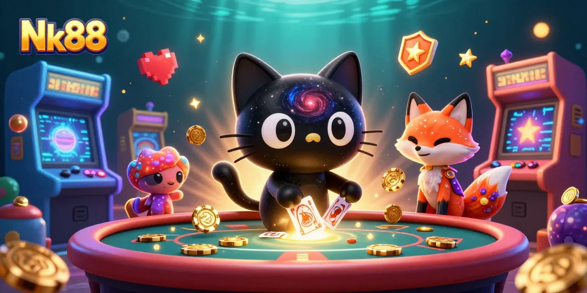 Nk88 cosmic casino scene featuring a black hole cat attracting chips and cards in a vibrant 3D illustration.