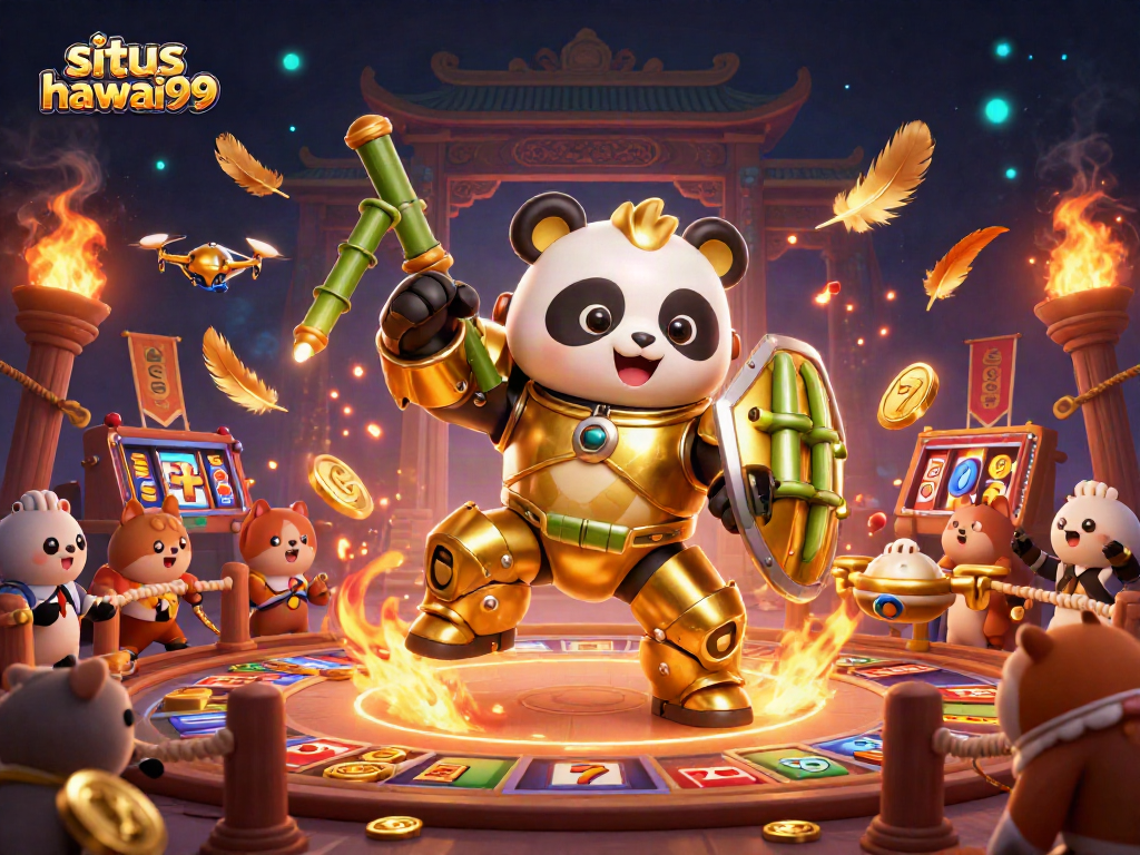 Situs hawai99 shows a golden panda in a mech suit piloting in an exciting casino competition