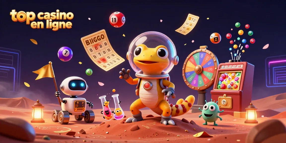 Découvrez un casino en ligne exceptionnel, avec un gecko martien au milieu d'une scène colorée et dynamique.