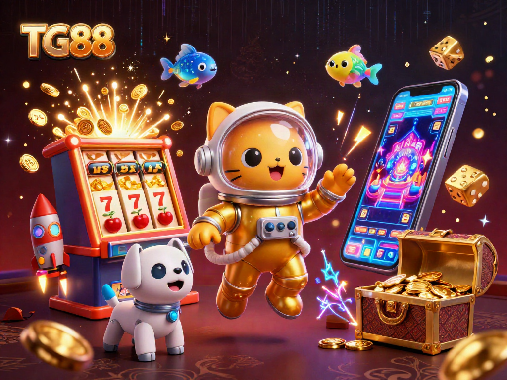 Play with TG88's vibrant casino scene featuring a golden astronaut cat, robot dog, and jackpot treasures.