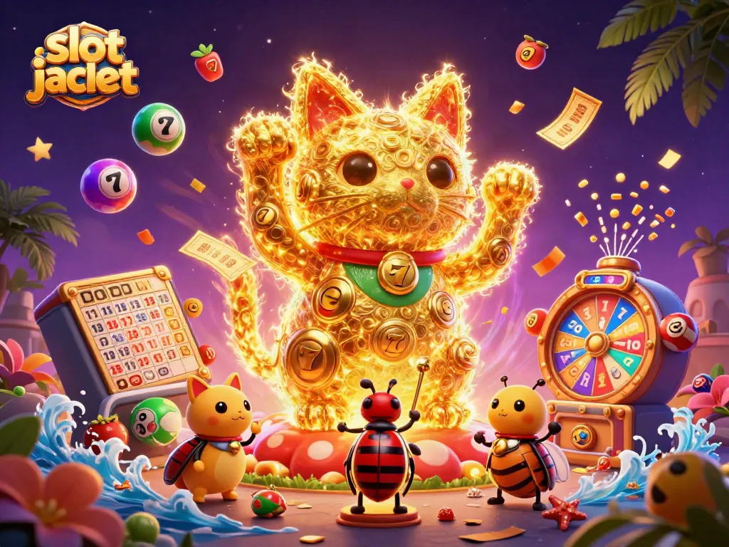 Experience the thrill of winning with slot jackpot as a golden cat symbolizes fortune amidst vibrant casino elements.
