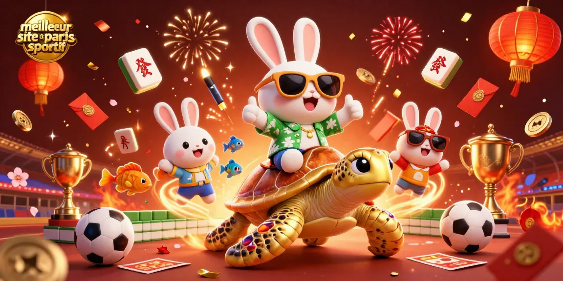 Jouez sur le meilleur site de paris sportif avec une scène festive de notre adorable lapin chanceux et une tortue en or.