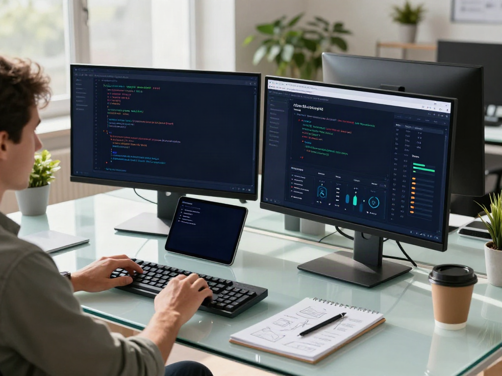 Developer using v2rayN application on dual monitors in a modern office setup