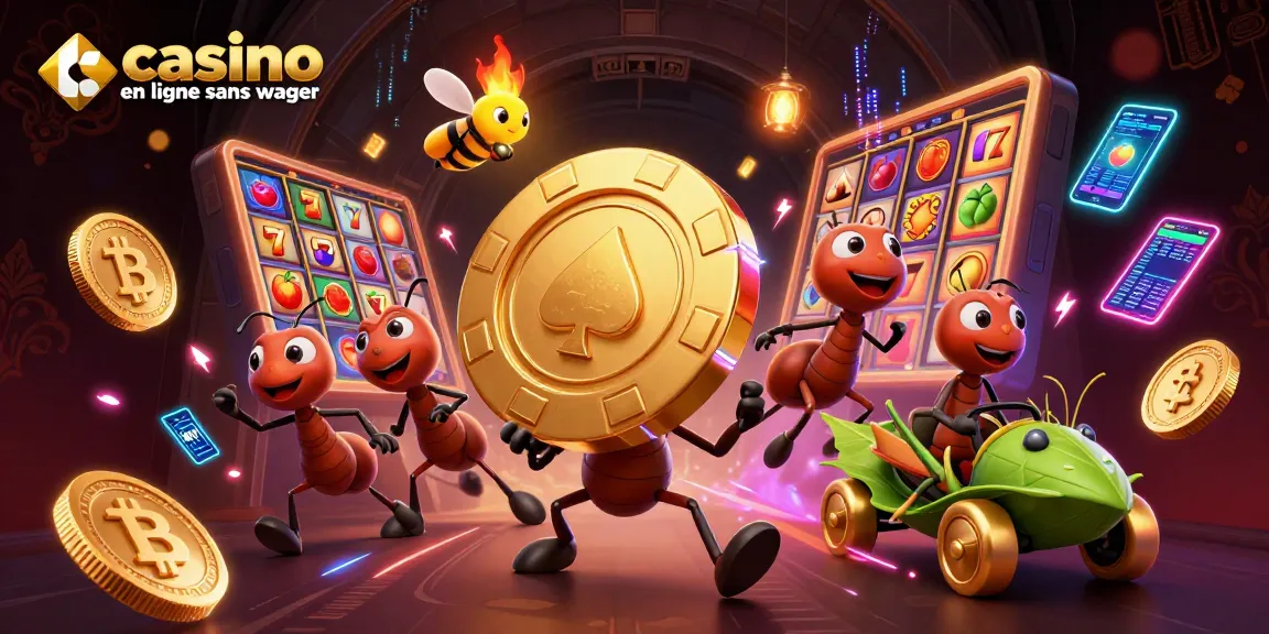 Pour jouer à un casino en ligne sans wager, admirez cette illustration d'une équipe de fourmis transportant un jeton de poker doré.