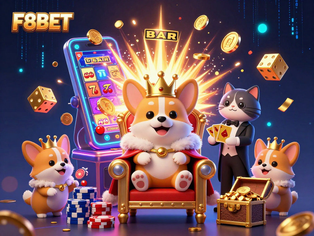 F8BET's mesmerizing 3D cartoon scene showcases an extravagant royal corgi throne surrounded by dazzling casino elements.
