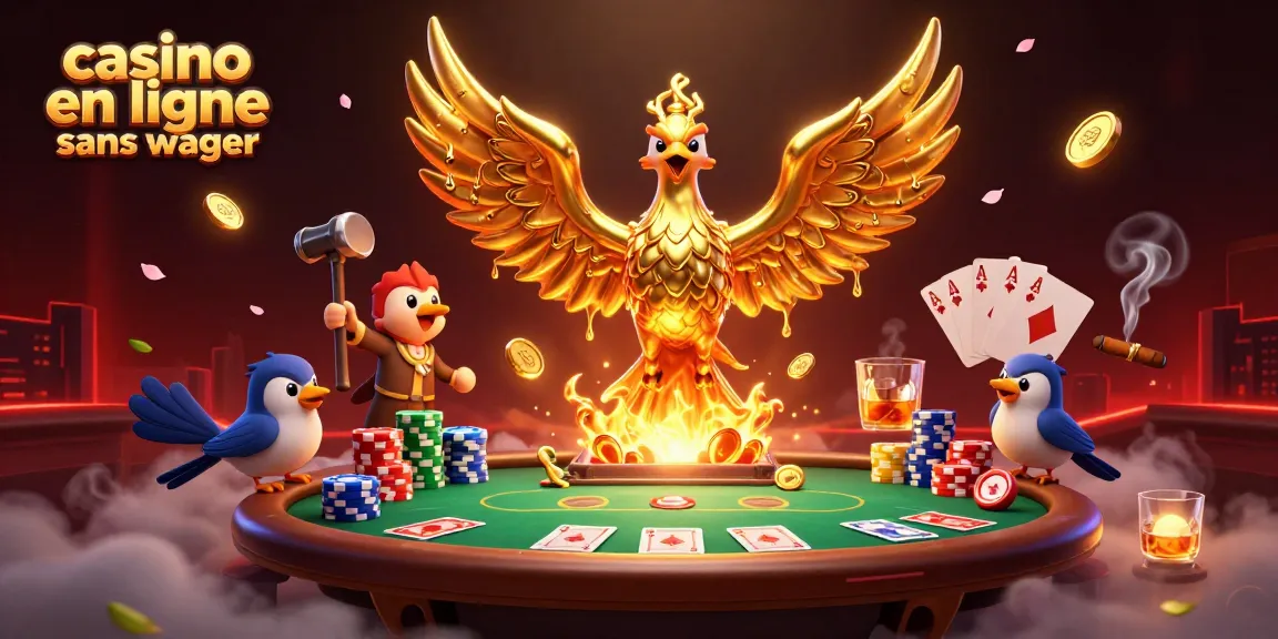 Illustration dynamique de casino en ligne sans wager montrant un phénix doré émergent d'une forge avec des éléments de poker.