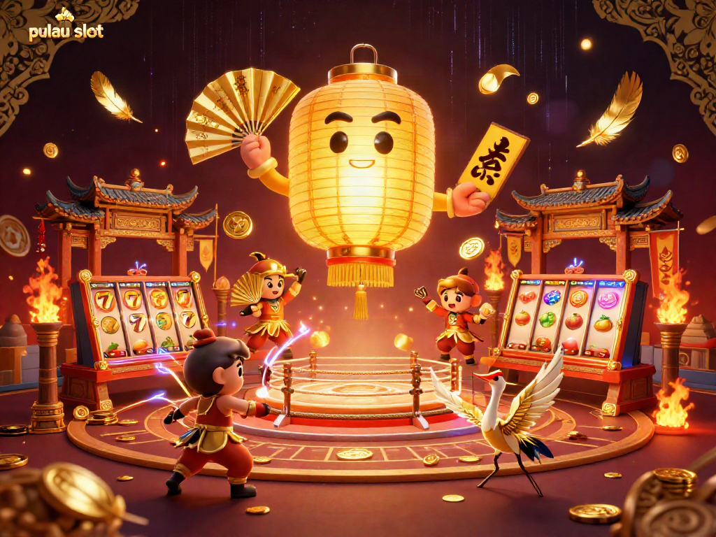 Engage with pulau slot at a vibrant casino featuring a golden lantern spirit and dynamic game elements.