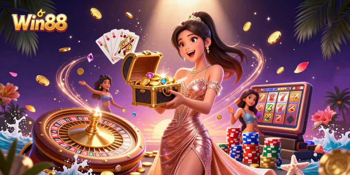 Win88 entices players with a dazzling treasure chest of golden coins and stunning gems in a vibrant casino scene.