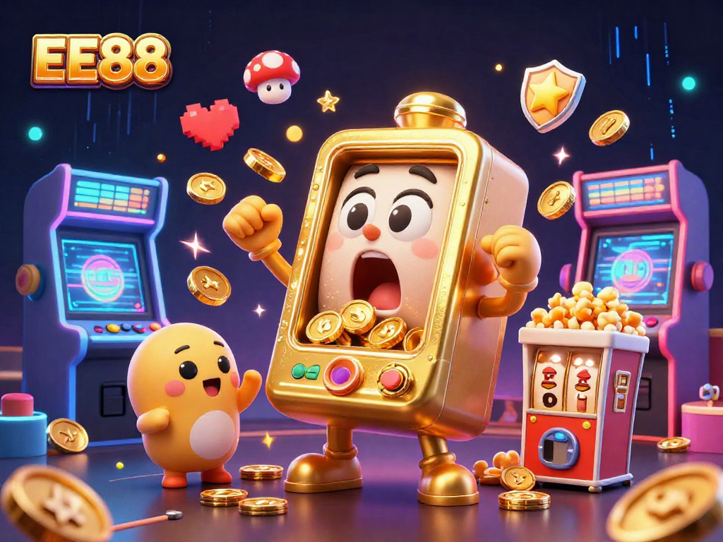 Engage in thrilling excitement with EE88 as a golden slot machine celebrates its jackpot.