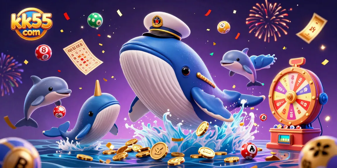 Engage with exciting games at kk55 com while a colorful cartoon whale celebrates among coins and lottery elements.