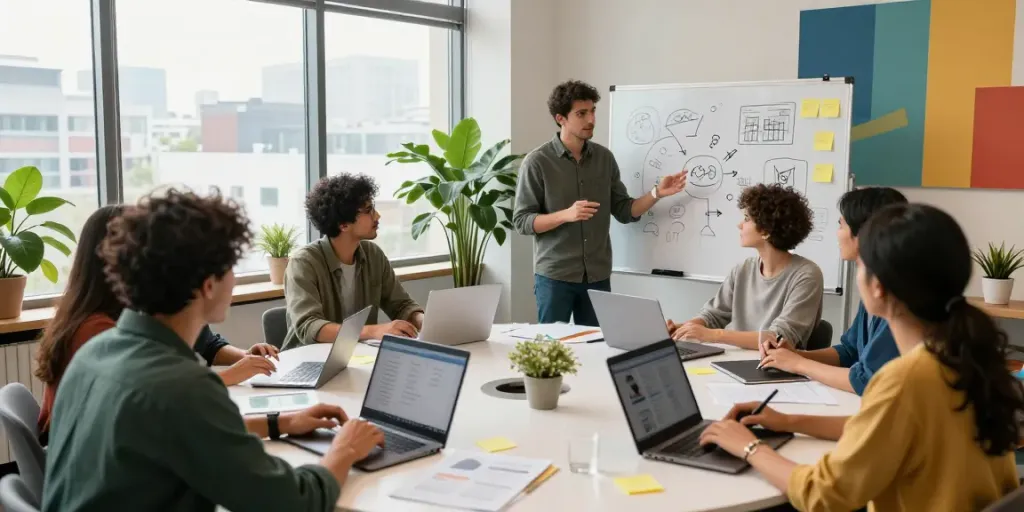 Entrepreneurs discussing innovative startup ideas in a vibrant co-working space.