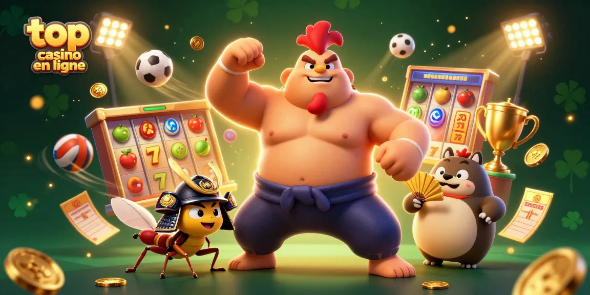 Image dynamique des meilleurs casinos en ligne avec un coq sumo, un criquet samouraï, et des éléments de machines à sous.