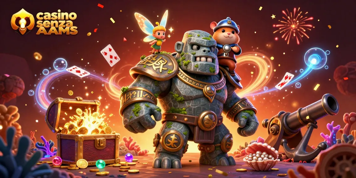 Giocare nei casino senza AAMS: magico golem, fata e cavaliere su sfondo festoso.
