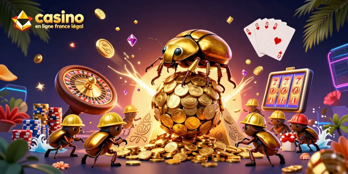 Illustration dynamique d'un casino en ligne France légal, mettant en scène des insectes dorés et des symboles de jeu.