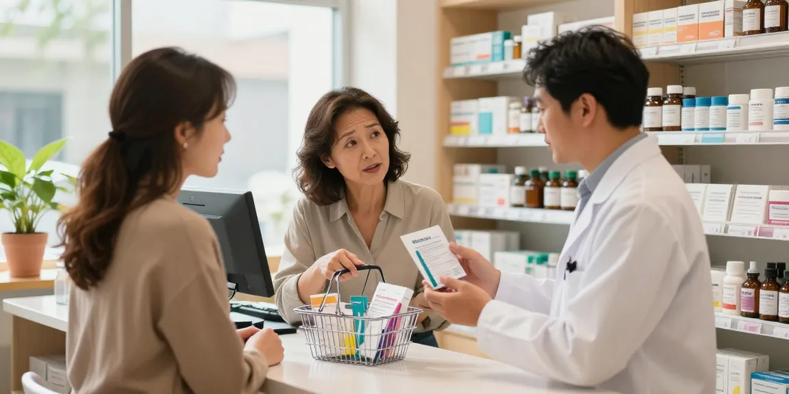 Pharmacy scene offering confort urinaire en pharmacie with pharmacist assisting customer in bright, welcoming environment.