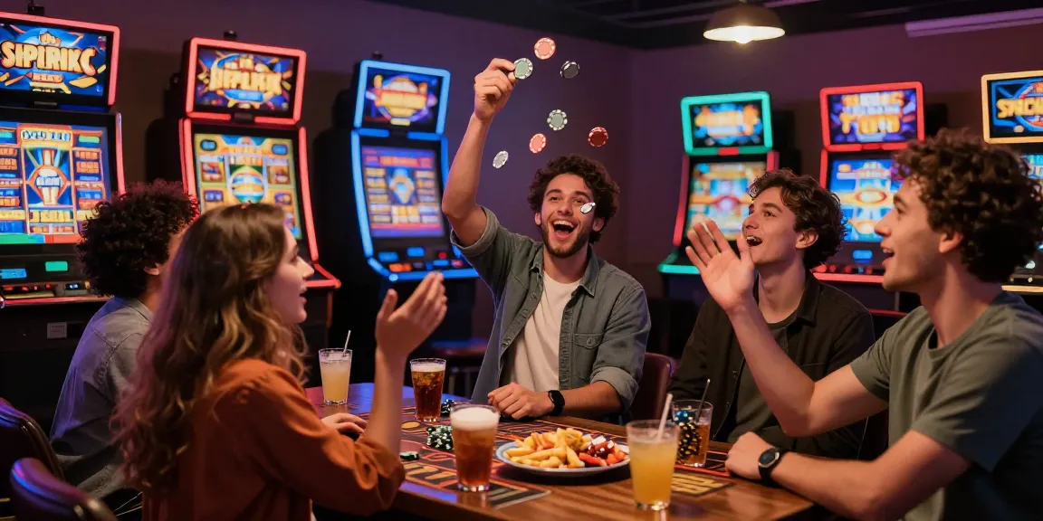 Friends celebrating a big win on slot gacor machines in a lively gaming room.