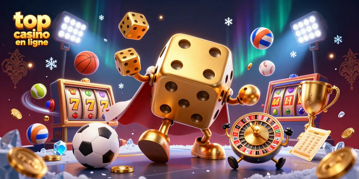Visuel attractif de top casino en ligne avec un golem de dés dorés et des éléments de jeux d'argent.