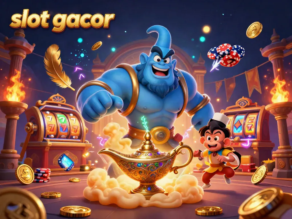 Spin to win with the slot gacor as the genie conjures jackpots in this vibrant casino illustration.