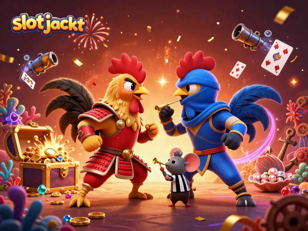 Spin to win with the thrilling slot jackpot amidst battling cartoon roosters!