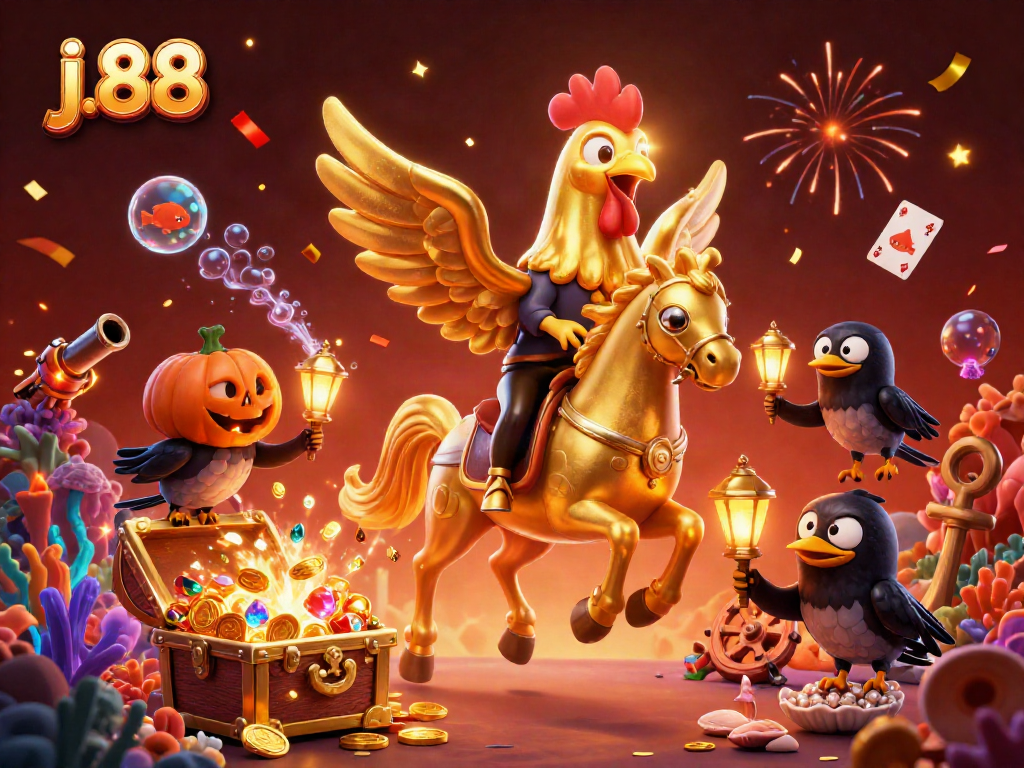 Engage with thrilling j.88 gameplay in a magical casino atmosphere with vibrant treasures and lively characters.