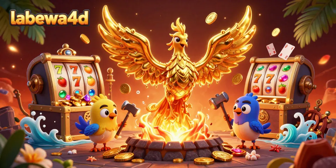 Gambarkan pengalaman menang besar di labewa4d dengan simbol slot, koin emas, dan phoenix berapi.