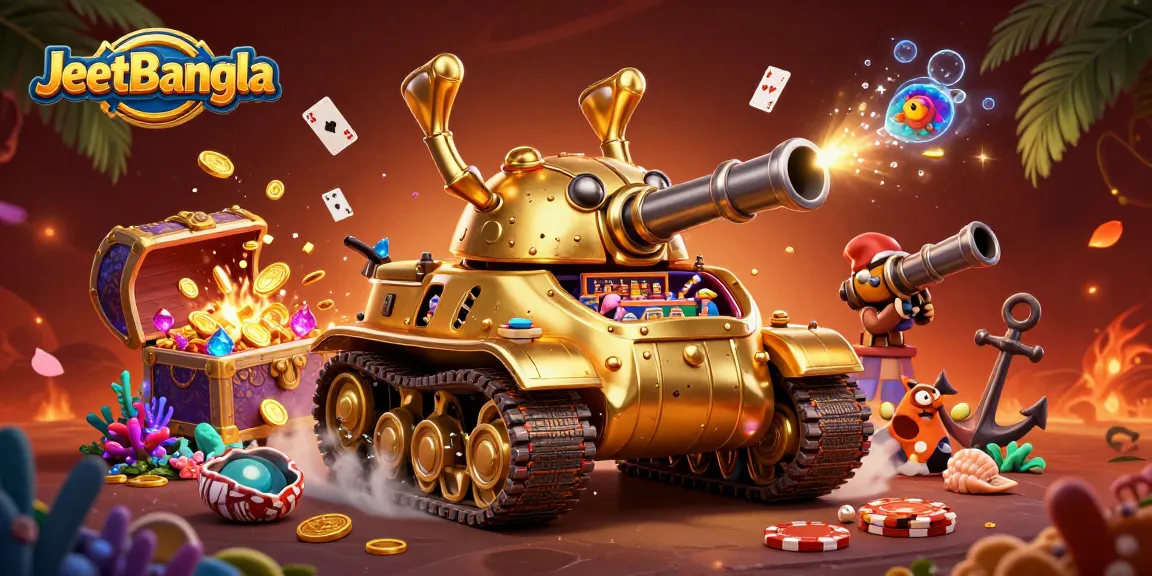 JeetBangla features a vibrant gaming scene with a golden beetle tank showcasing a casino, surrounded by playful underwater elements.
