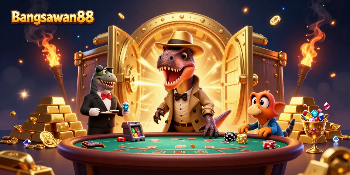 Bangsawan88 delivers thrilling casino excitement with a 3D velociraptor card counter at a blackjack table.