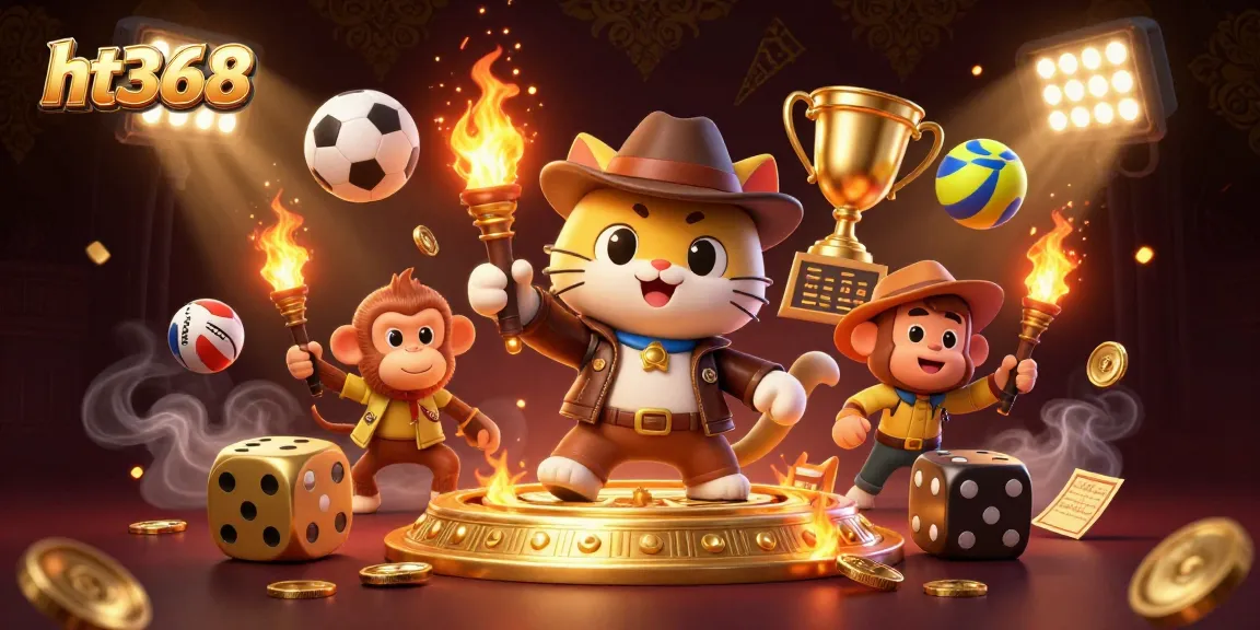 ht368 showcases an archaeologist cat and monkey unlocking golden gaming treasures in a dynamic casino scene.