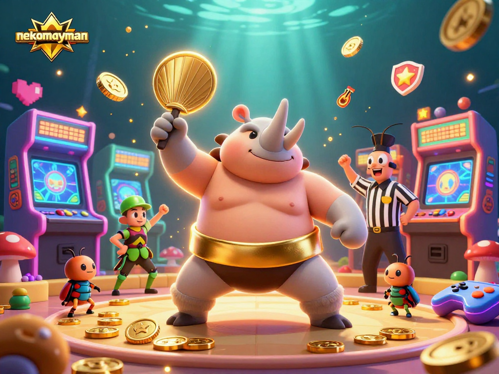 Neko May Mắn captures players' attention with a vibrant casino scene featuring beetles amidst floating coins and engaging game elements.