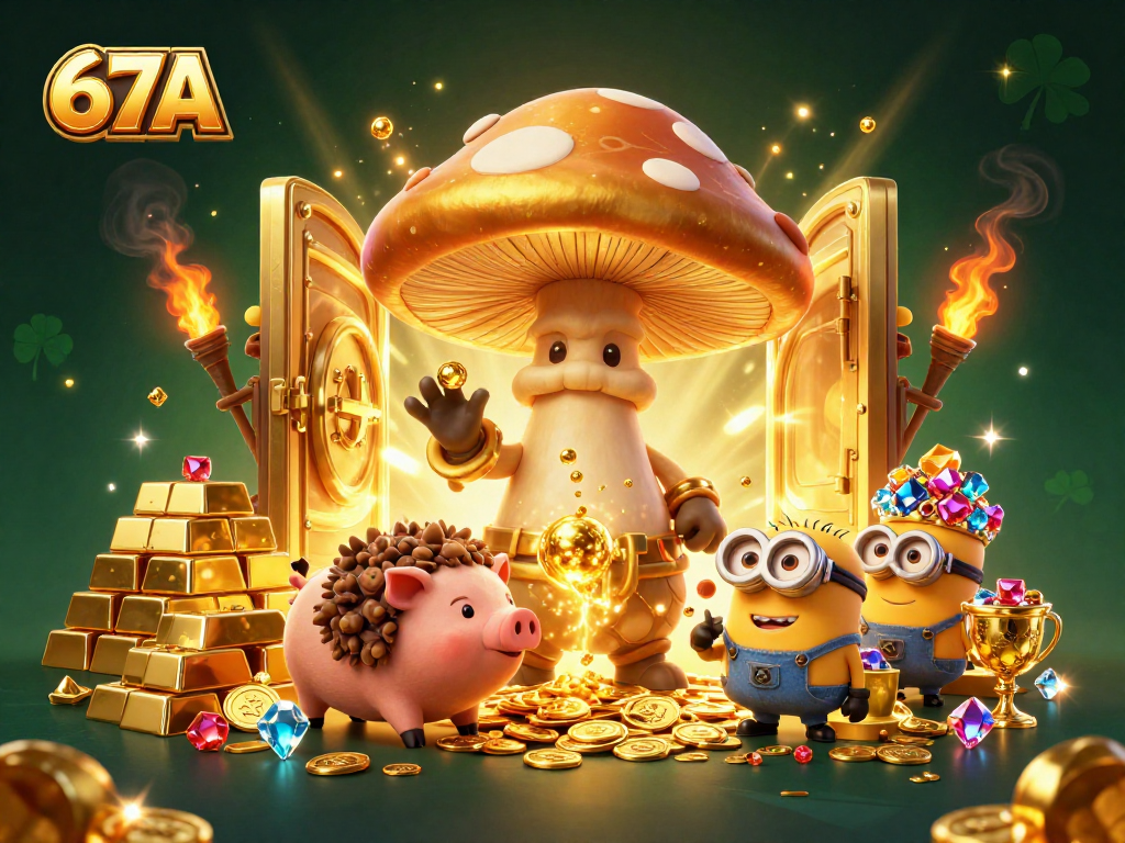 Atraia jackpots no 67A com o grande wizard de cogumelo dourado cercado por tesouros e minions