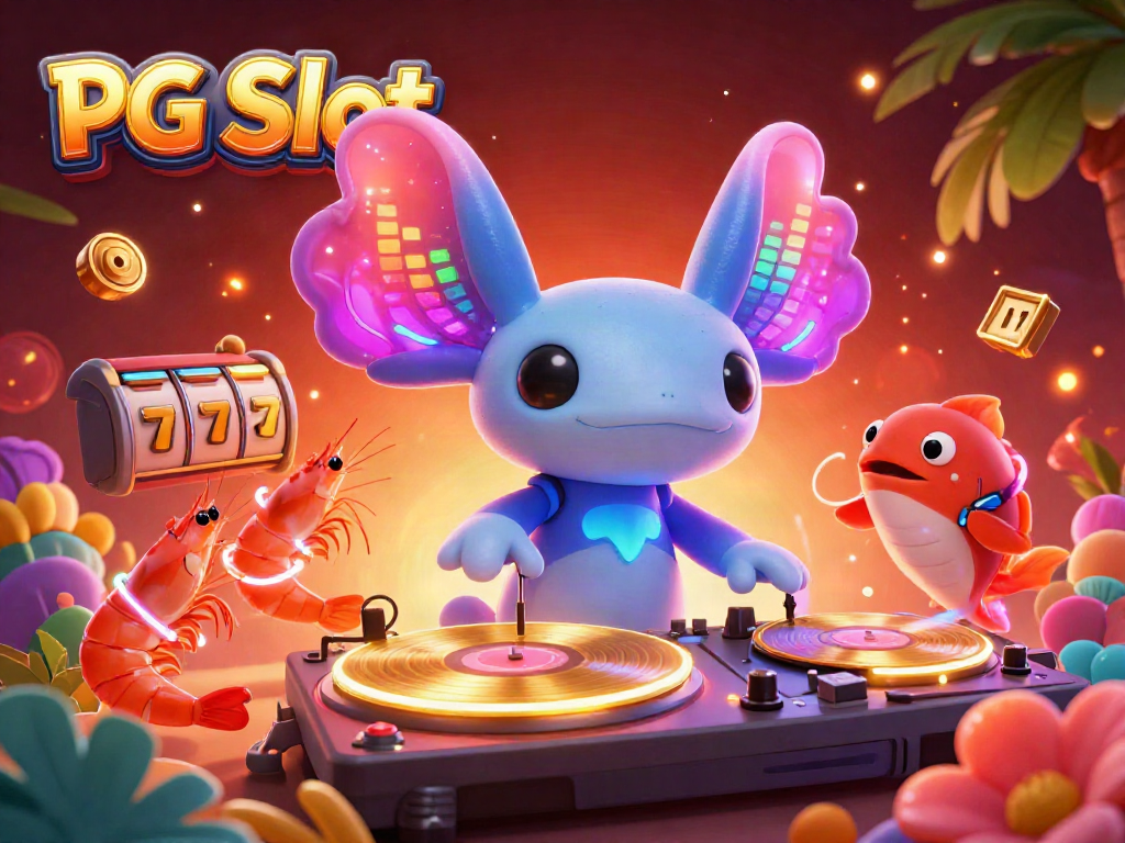 Engage with PG Slot through a vibrant underwater casino scene featuring a neon axolotl DJ, lucky symbols, and colorful characters.