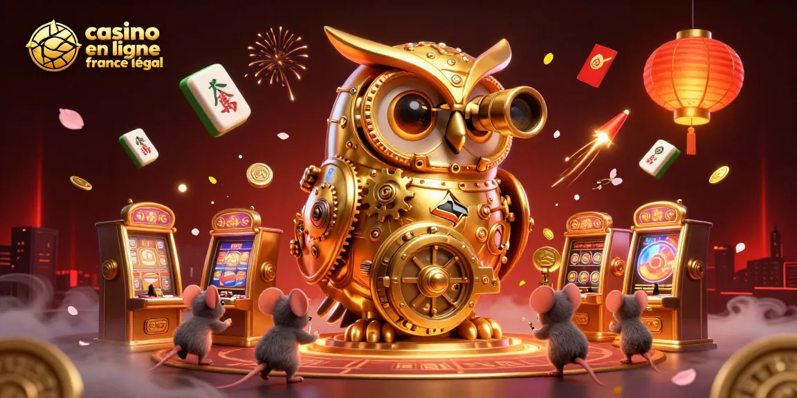 Image dynamique de "casino en ligne france légal" avec hibou en or et machines à sous, offrant une expérience immersive.