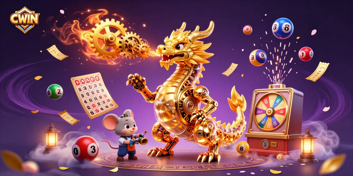 CWIN showcases colorful lottery games with a golden dragon, vibrant balls, and a magical atmosphere.