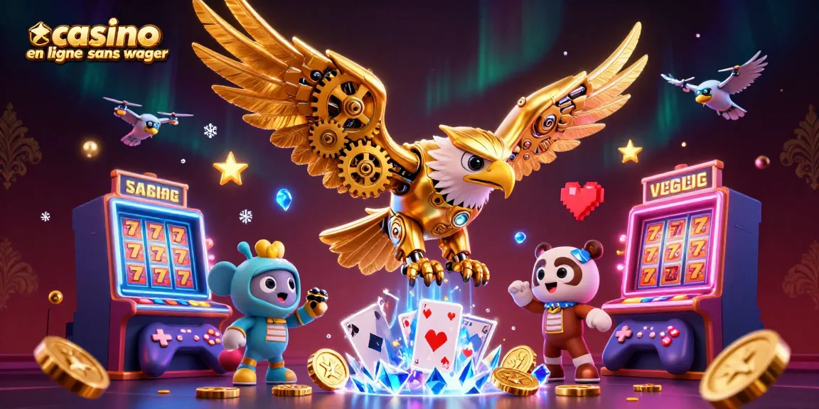 Illustrez l'excitation des jeux avec "casino en ligne sans wager" et une aigle cybernétique plongeant parmi les cartes.