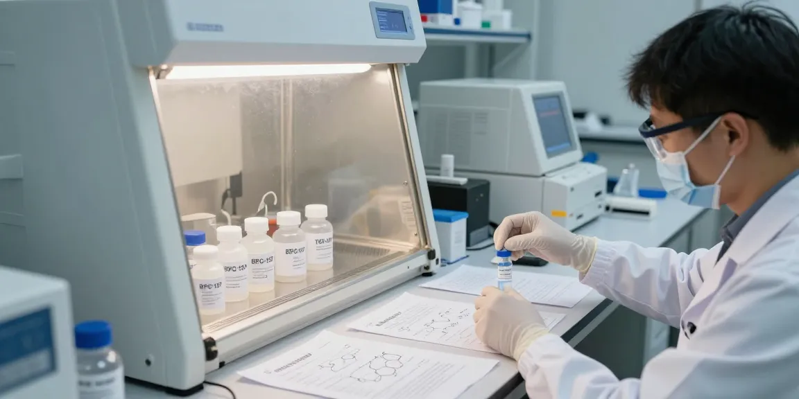 Research peptide US laboratory scene with peptide synthesis and analysis.