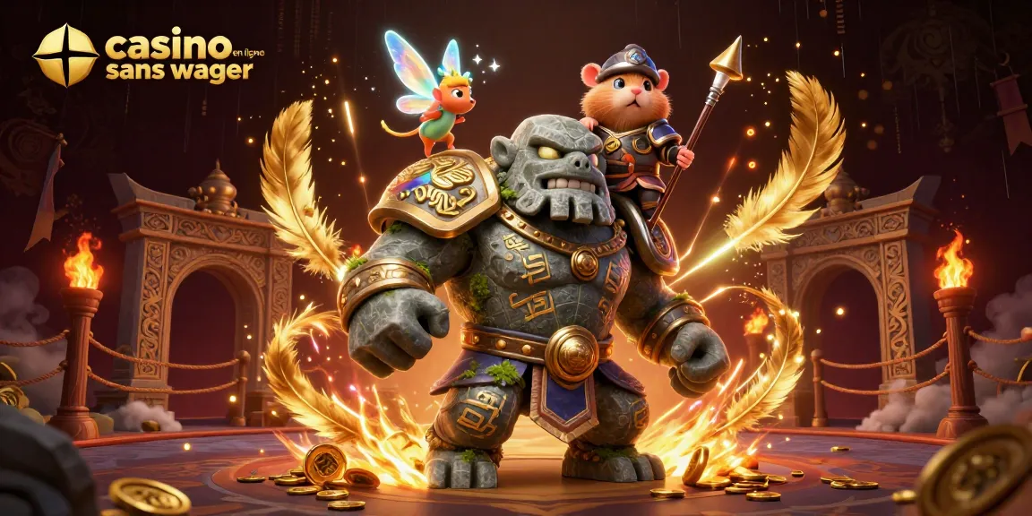 Illustration dynamique représentant un golem gardien et un hamster chevalier dans un casino en ligne sans wager.