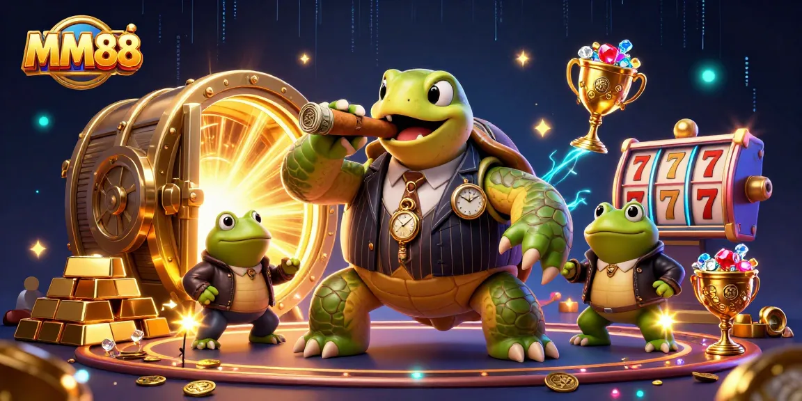 Experience the thrill of MM88 with a stunning 3D illustration showcasing a turtle mobster and gamblers.