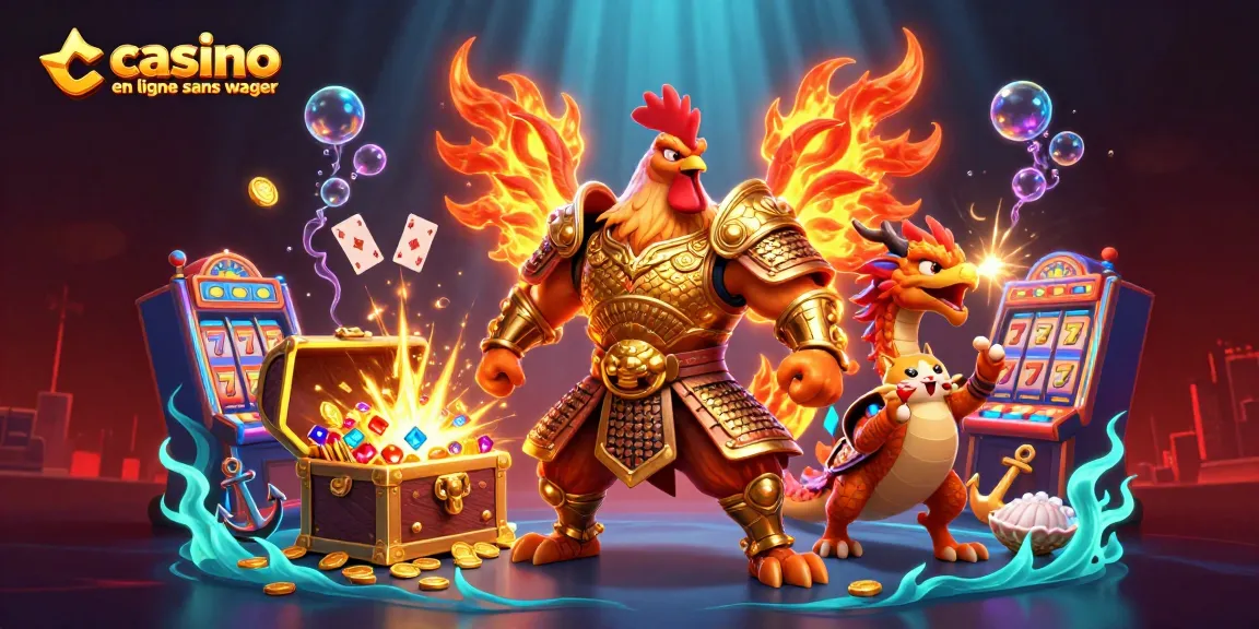 Profitez du jeu sur casino en ligne sans wager avec un guerrier en armure, un dragon et un chat porte-bonheur.