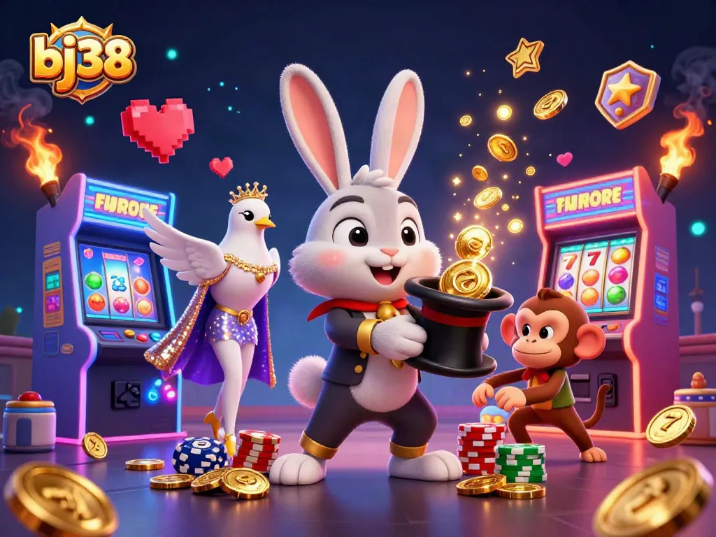 Experience the magic of bj38 with a lively illustration of a magician rabbit pulling coins, paired with casino-themed elements.