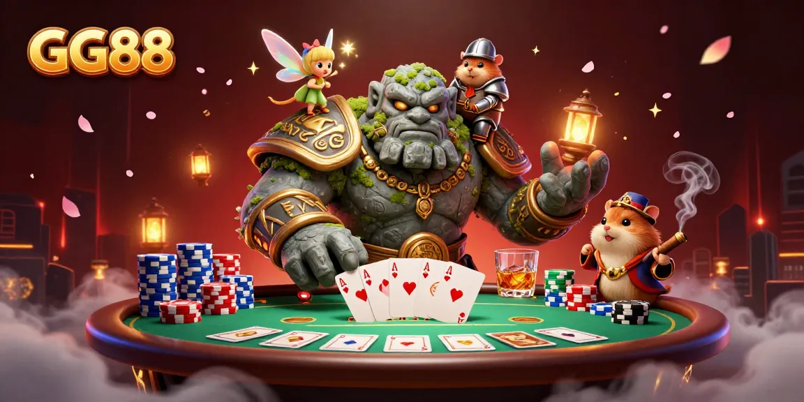 GG88 characters play poker with vibrant casino elements surrounded by a magical atmosphere.