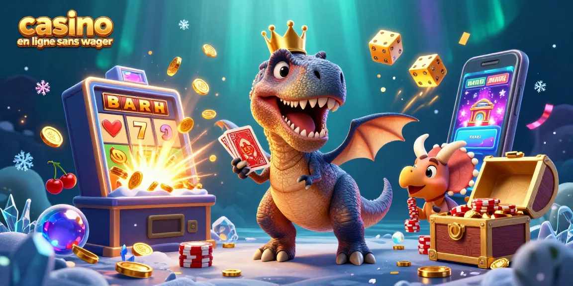 Jouez dans un casino en ligne sans wager tandis qu'un T-Rex graphique affronte des jetons d'or et des machines à sous.