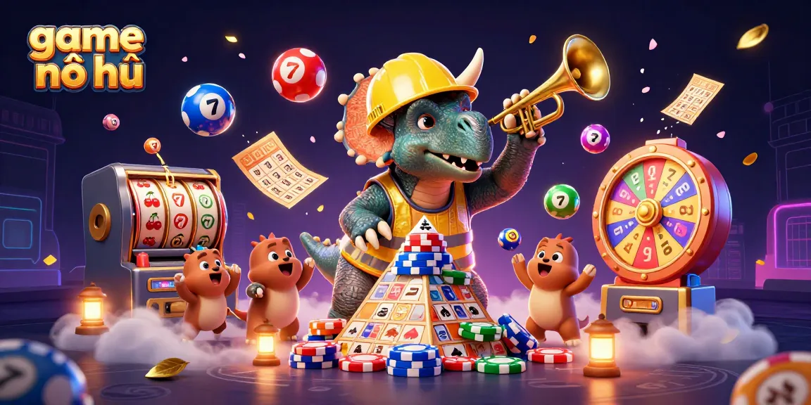 Engage in game nổ hũ with a vibrant casino scene featuring dinosaurs, slots, and lottery elements.