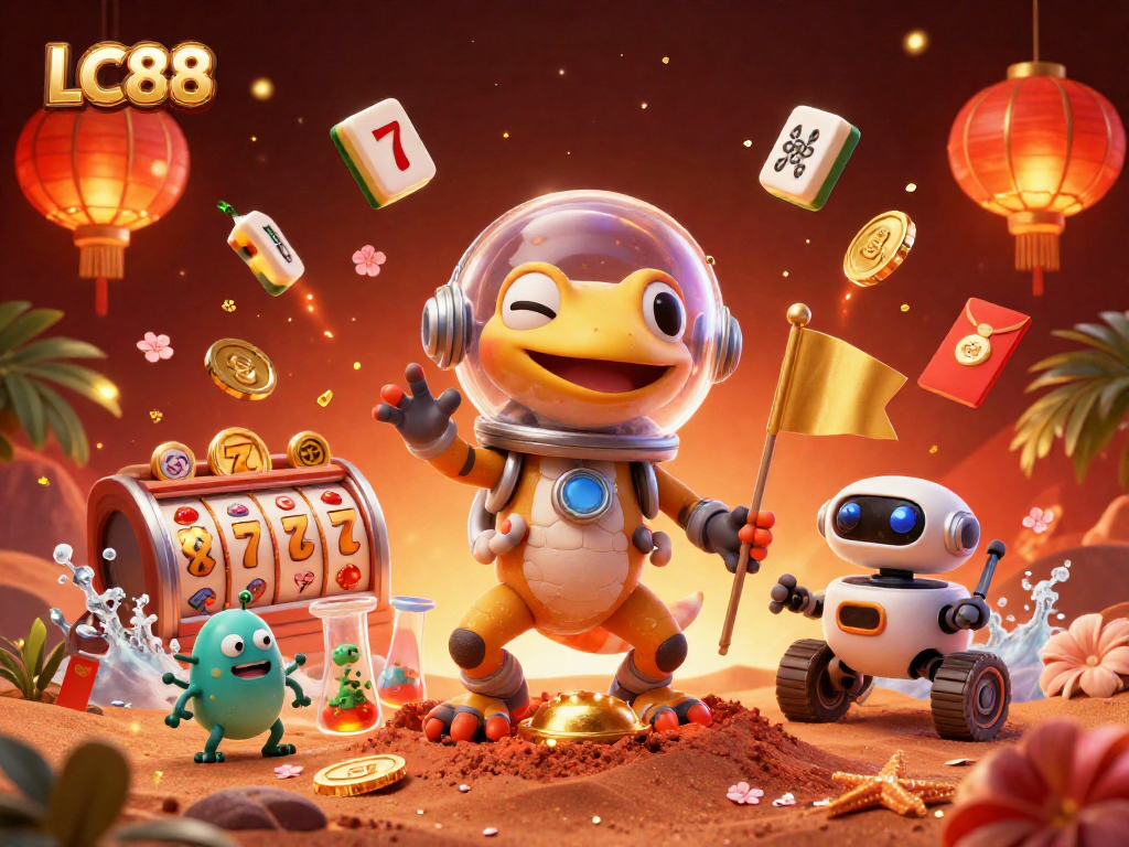 Engage in thrilling play at LC88 with a vibrant scene of a Martian gecko discovering a casino.