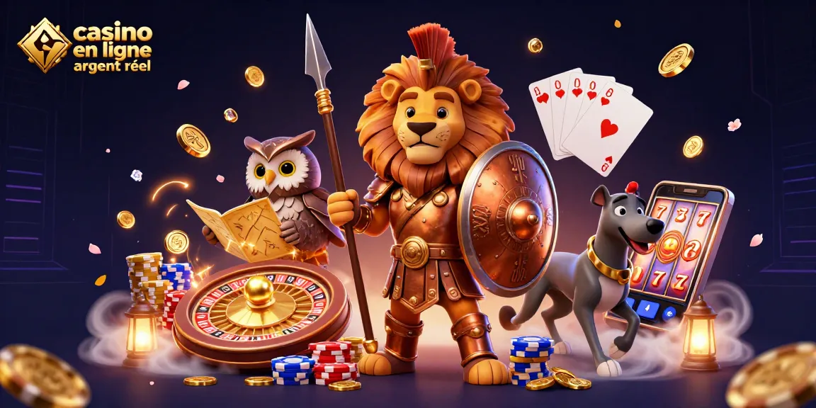 Visualisez une action palpitante dans un casino en ligne argent réel avec des personnages dynamiques, des pièces d'or et des jeux de cartes.