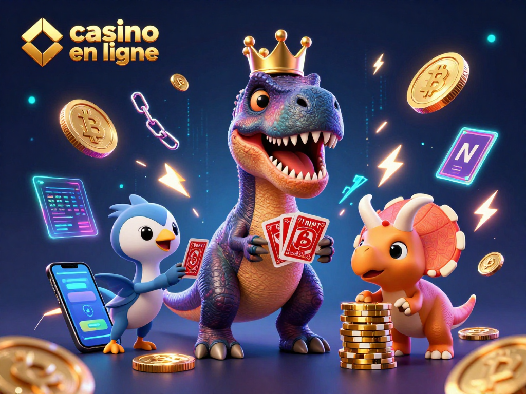 Le casino en ligne amuse avec un T-Rex jouant aux cartes, un ptérodactyle assistant, et un tricératops empilant des jetons d'or.