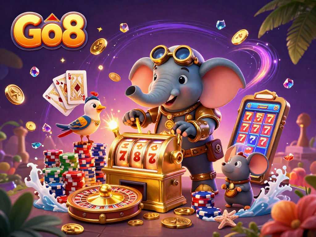 Go8 features a steampunk elephant engineer activating a golden slot machine, amidst cascading coins and vibrant casino elements.