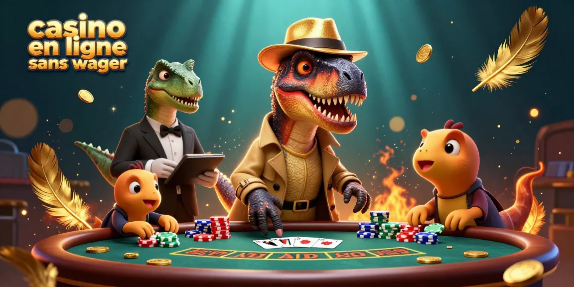 Jouer au casino en ligne sans wager avec un vélociraptor comptant les cartes à une table de poker.